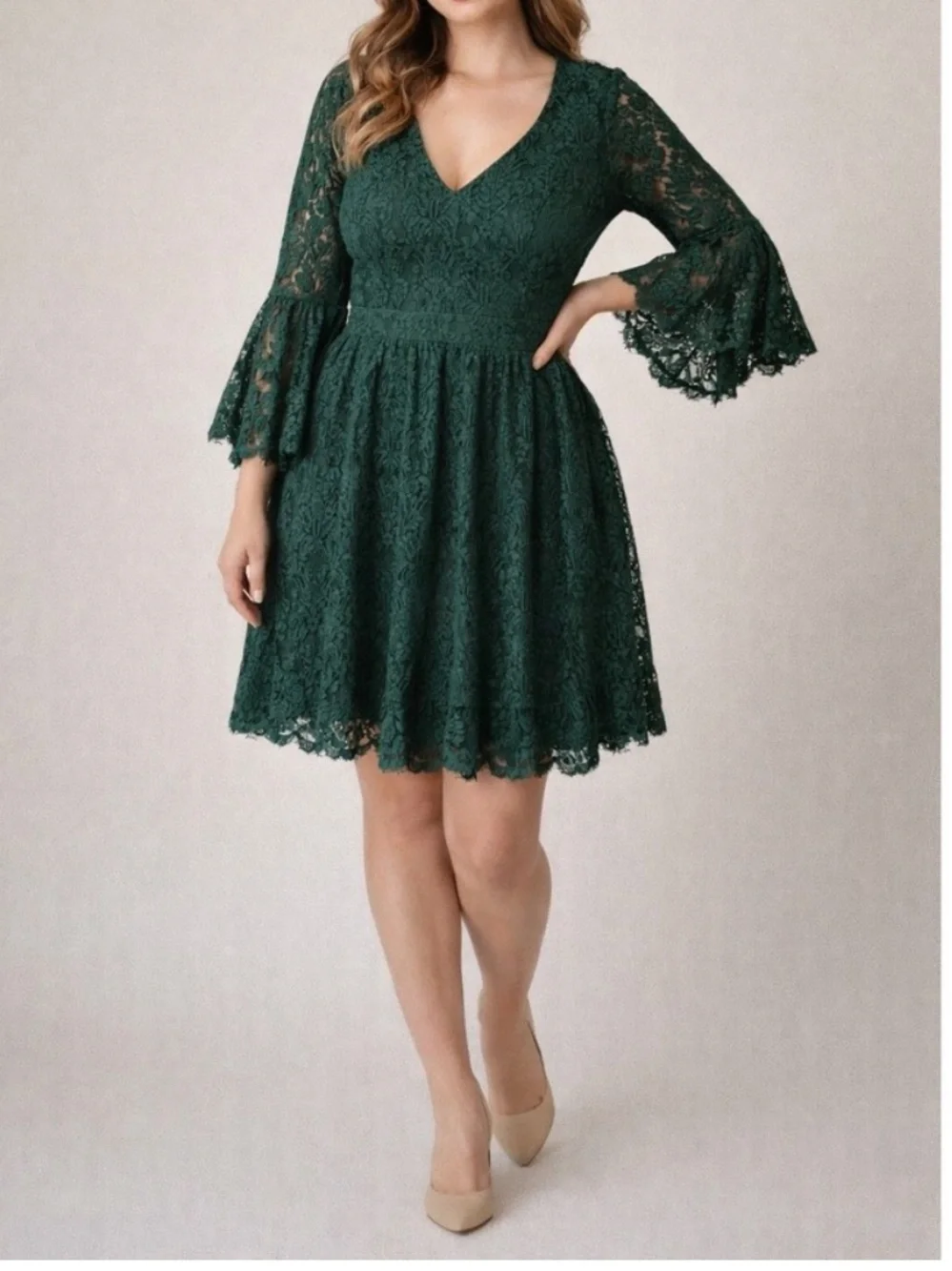 ModCloth Through the Bluebells Forest Green Lace 3/4 Bell Sleeve Mini Dress L ModCloth Through the Bluebells Forest Green Lace 3/4 Bell Sleeve Mini Dress L